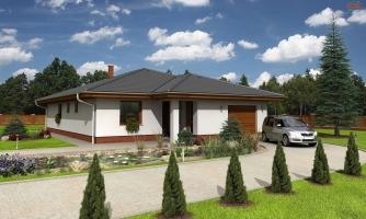 Bungalow mit großer Garage und Terrasse.